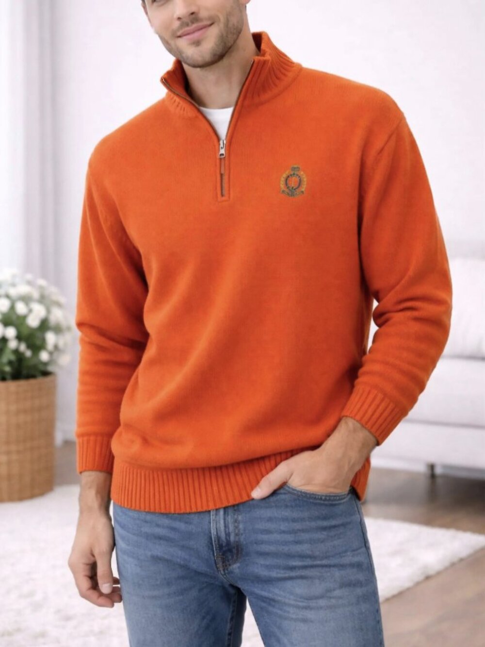 Lauren Ralph Lauren Vintage Crest Logo Sweater Quarter Zip Orange Size M